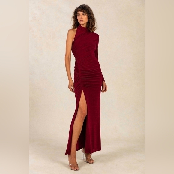 Misha Red Gathered High Slit One Shoulder Asymmetric Pauline Maxi Dress Cocktail - Picture 4 of 14